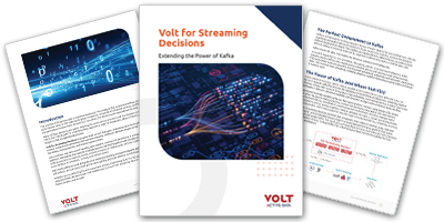 spread of three pages from the Volt for Streaming Decisions paper showing the cover, introduction, and Kafka integration section